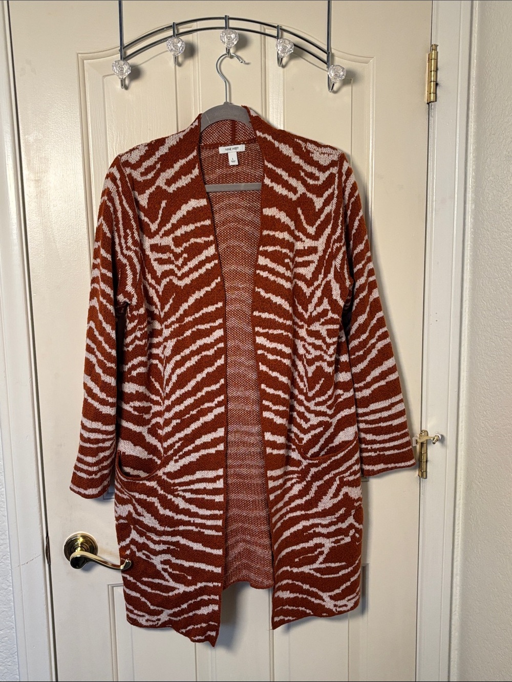Nine West Cozy Open-Front Zebra Print Cardigan Sweater - Rust/White